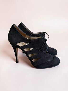 VALENTINO Black Suede Laceup Oxford Heels Size 37.5 / 7.5